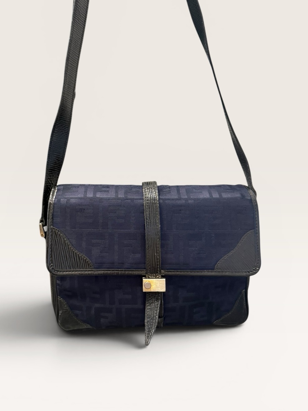 Fendi Vintage Circa 90s Navy Blue Canvas Shoulder Bag With Black Leather Trim